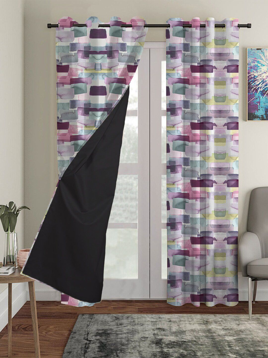 HOUZZCODE Multicoloured Set of 3 Black Out Long Door Curtain Price in India