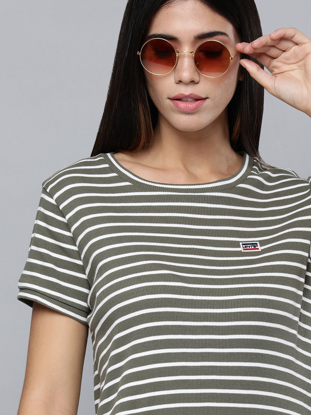 Levis Women Grey & White Striped Regular Fit Pure Cotton A-Line Dress Price in India
