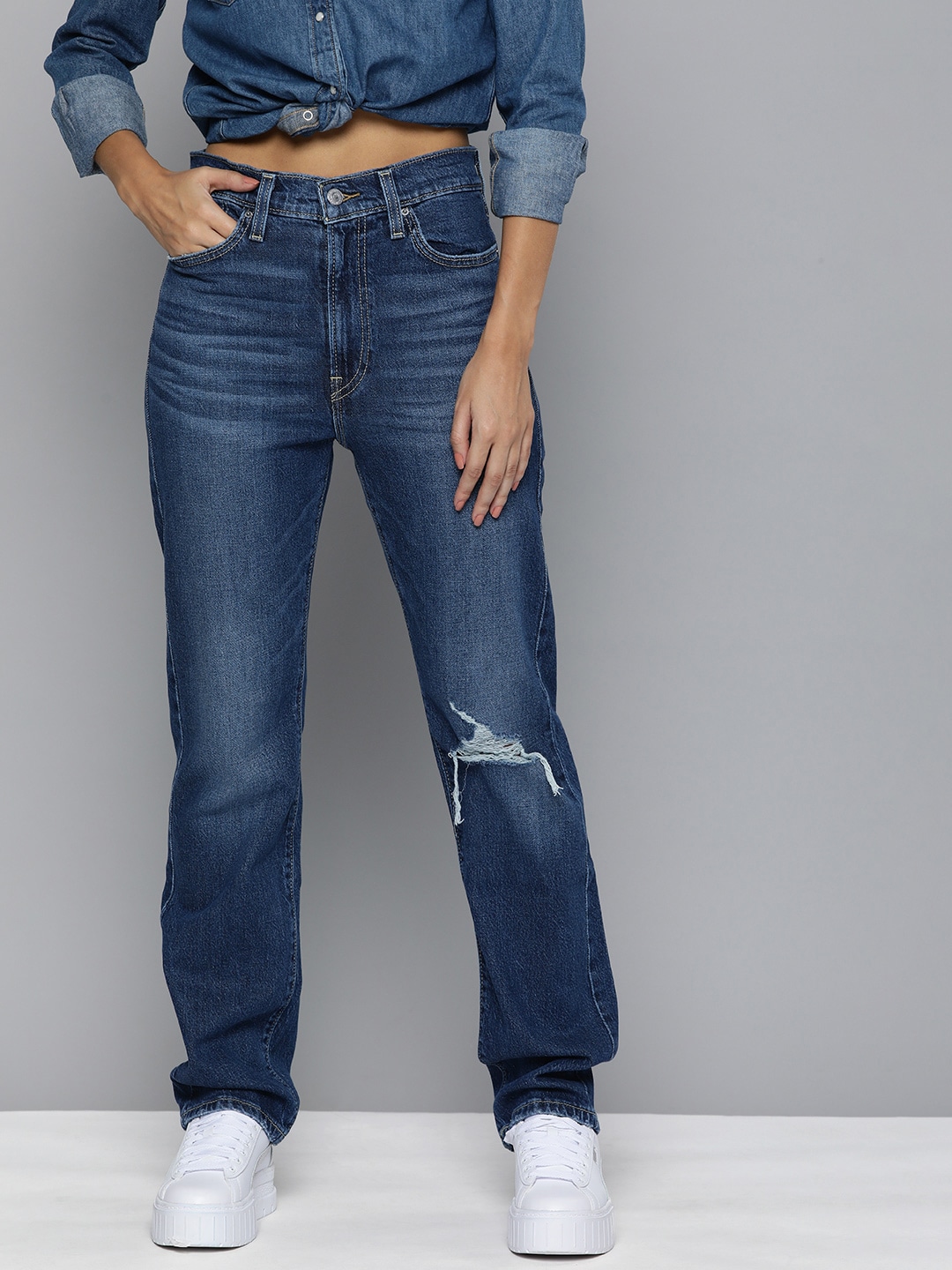 Levis Women Blue Wedgie Straight Fit Low Distress Light Fade Stretchable Jeans Price in India