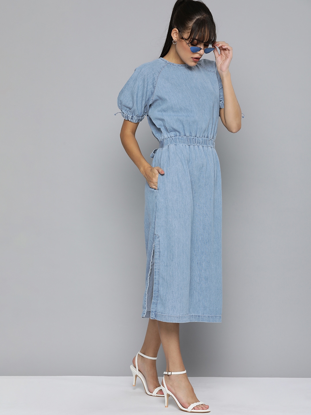 Levi's X Deepika Padukone Women Blue Fit And Flared Puff Sleeves Pure Cotton Midi Dress Price in India