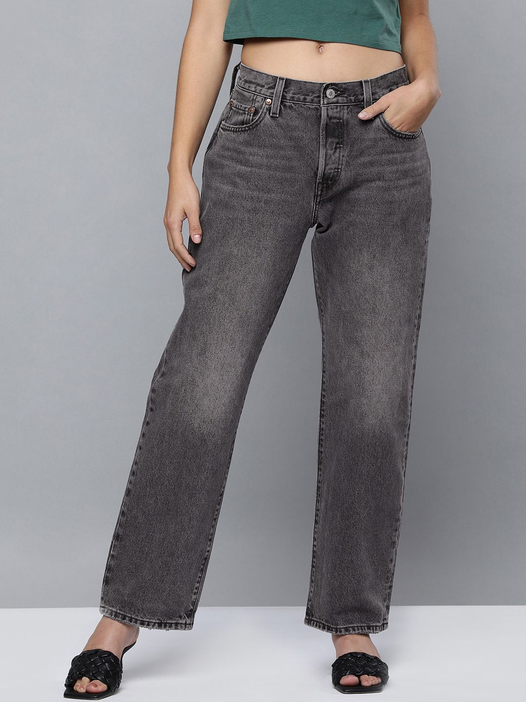 Levis Women Grey 501 Straight Fit High-Rise Light Fade Jeans Price in India