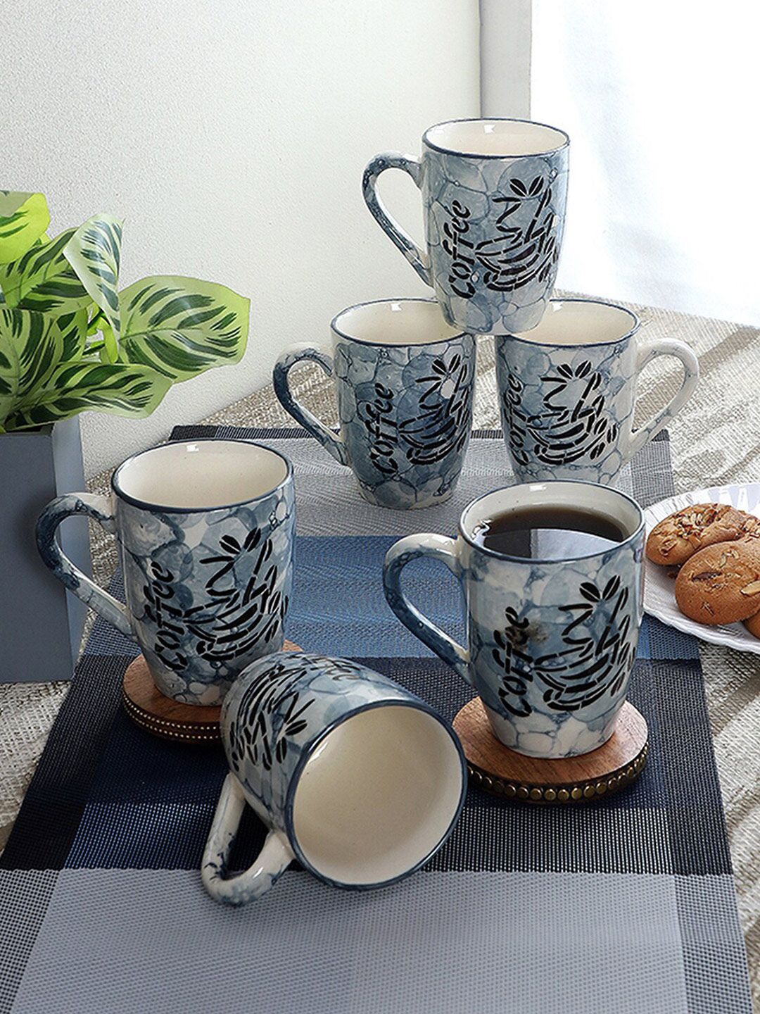 CDI Set of 6 Blue Printed Ceramic Glossy Cups Wooden Tray Price in India