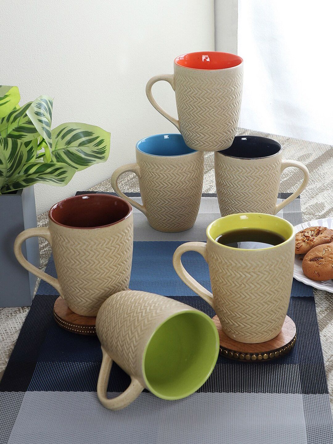 CDI Gold & Multicoloured Set Of 6 Textured Ceramic Coffee Mugs Price in India