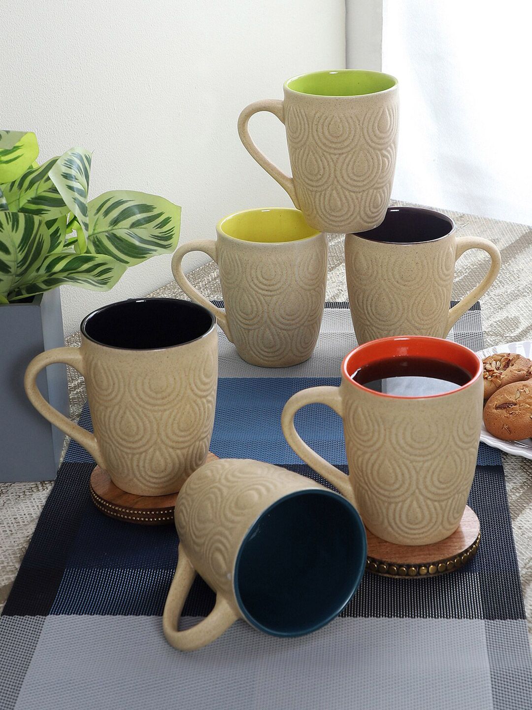 CDI Cream-Coloured & Orange Set of 6 Textured Ceramic Matte Mugs Price in India