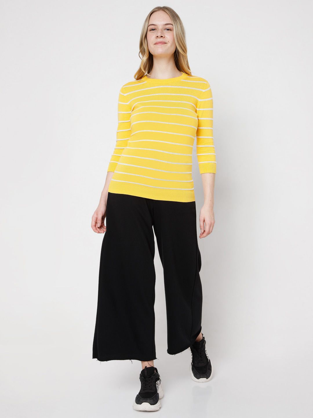 Vero Moda Women Yellow & White Striped Pullover Price in India