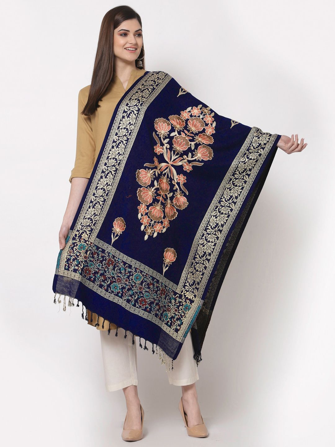 KLOTTHE Women Navy Blue & Gold-Toned Embroidered Stole Price in India