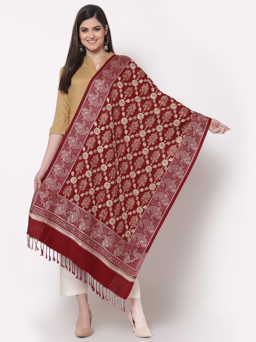 KLOTTHE Woman Maroon & Gold-Toned Woven Design Stole Price in India