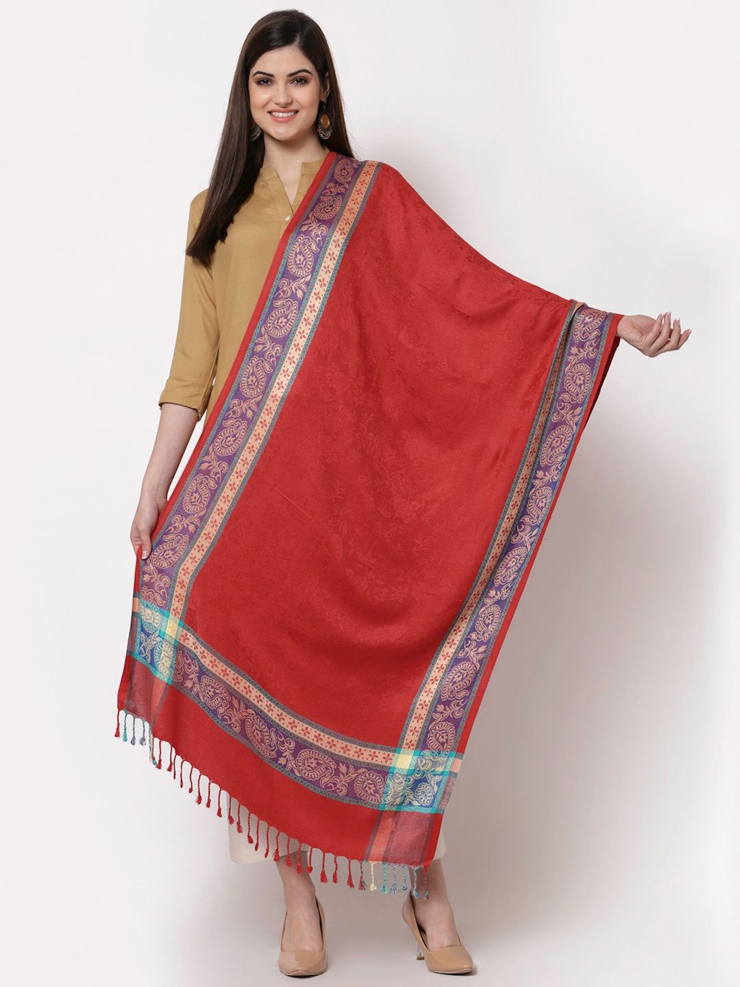 KLOTTHE Women Red & Blue Woven Design Tasselled Detail Woolen Stole Price in India