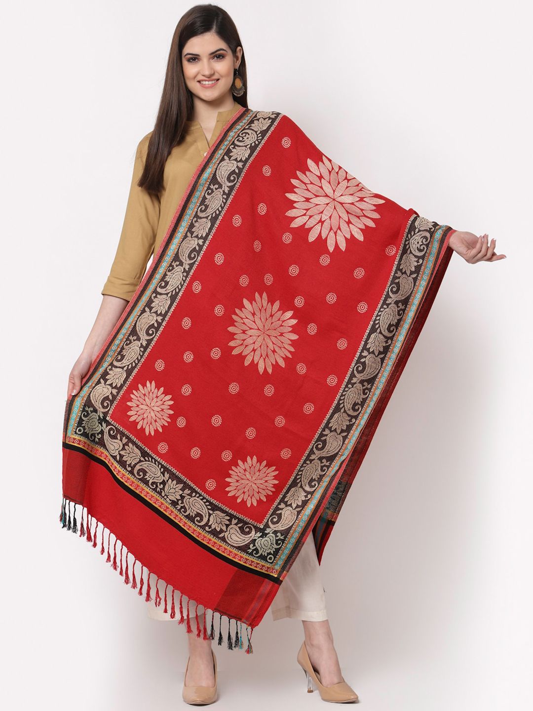 KLOTTHE Women Red & Beige Woven Design Woollen Stole Price in India