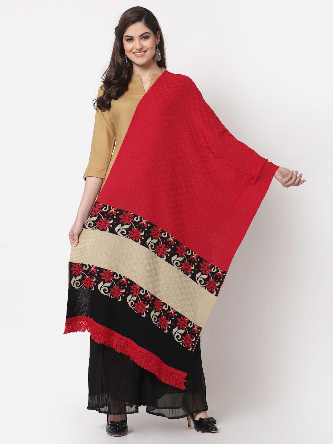 KLOTTHE Women Black & Red Woven Design Stole Price in India