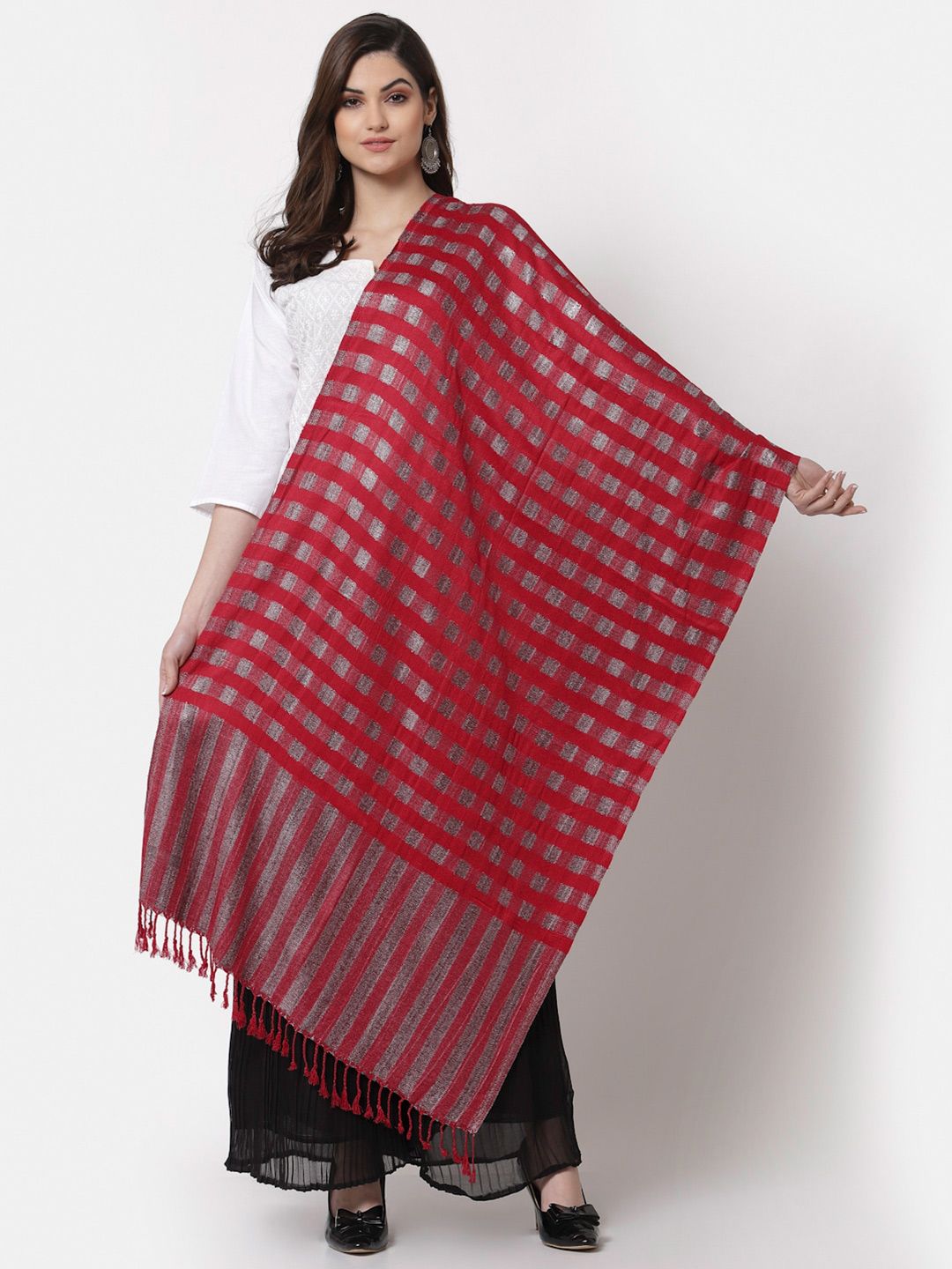 KLOTTHE Women Red & Grey Checked Wool Stole Price in India