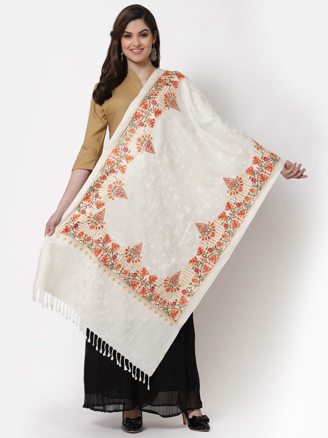 KLOTTHE Women Cream Ethnic Motifs Embroidered Woollen Stole Price in India