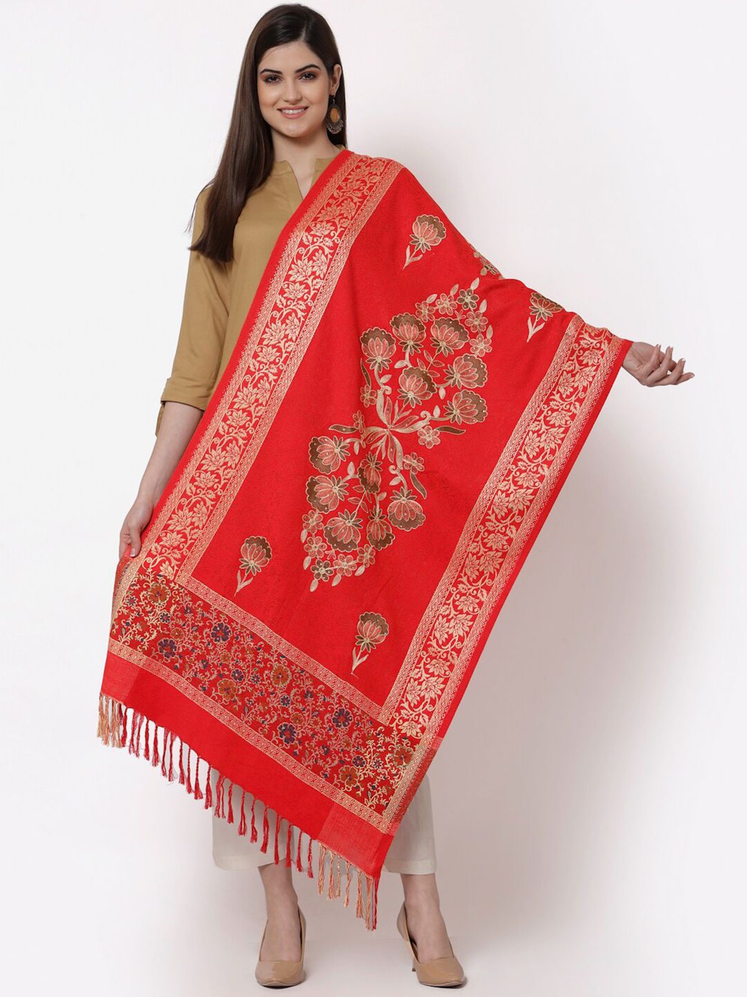 KLOTTHE Women Red & Gold-Toned Embroidered Woollen Stole Price in India