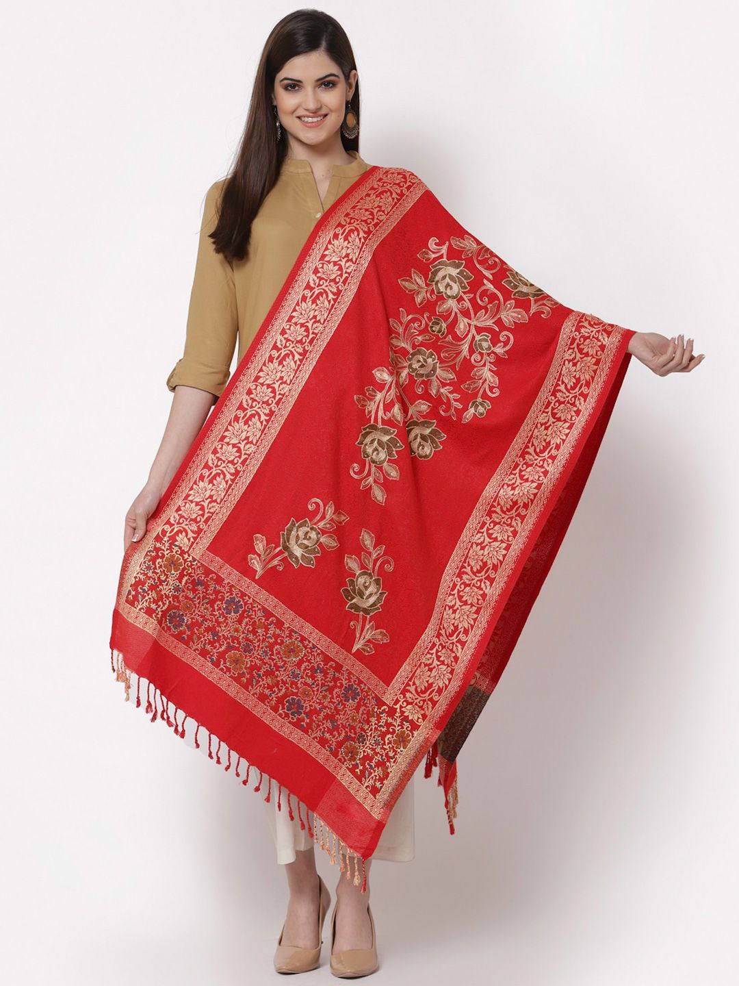 KLOTTHE Women Red & Brown Embroidered Stole Price in India