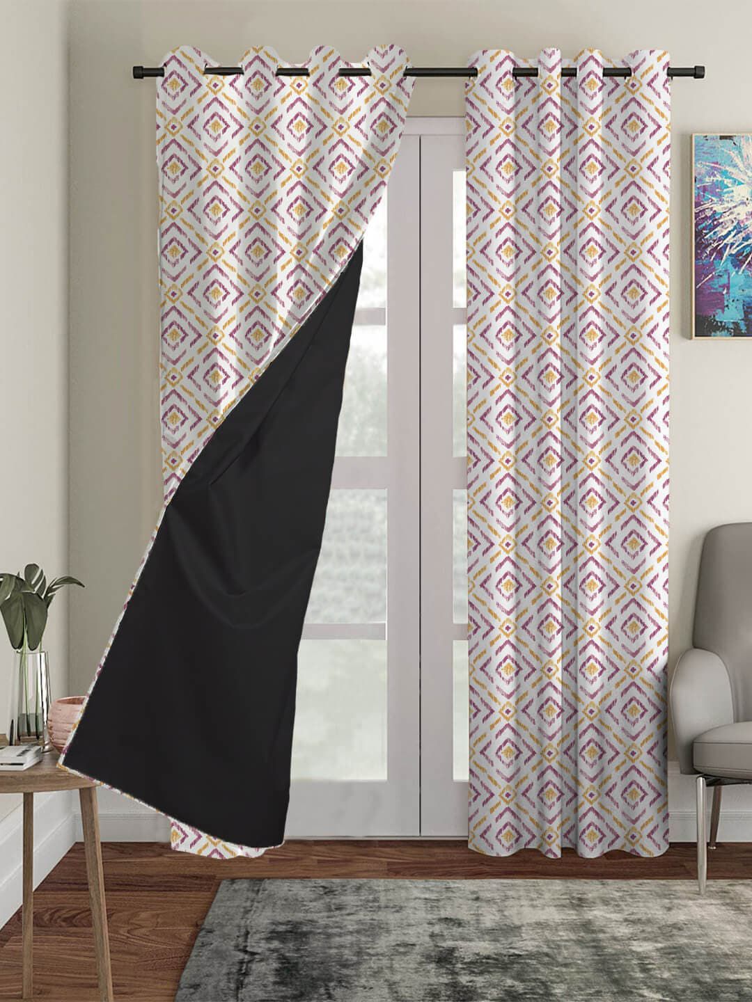 HOUZZCODE White & Yellow Geometric Black Out Door Curtain Price in India