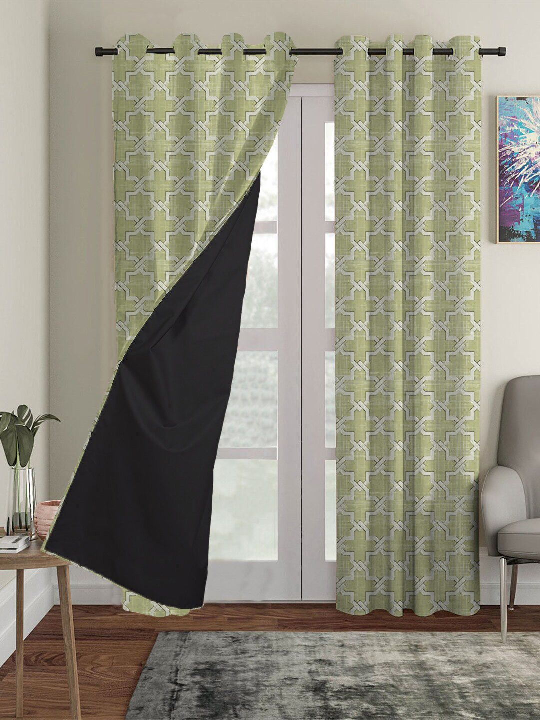 HOUZZCODE Green & White Geometric Black Out Window Curtain Price in India
