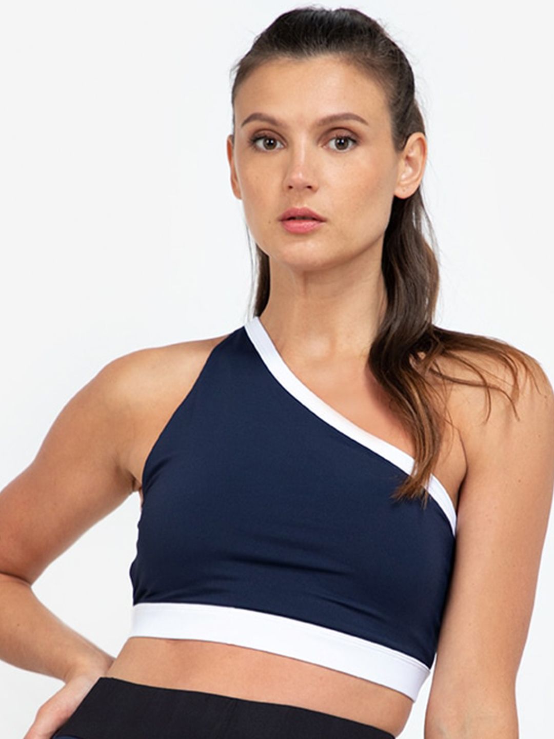 ZALORA ACTIVE Blue & White Colourblocked One Shoulder Cut Out Back Bra Lightly Padded Price in India
