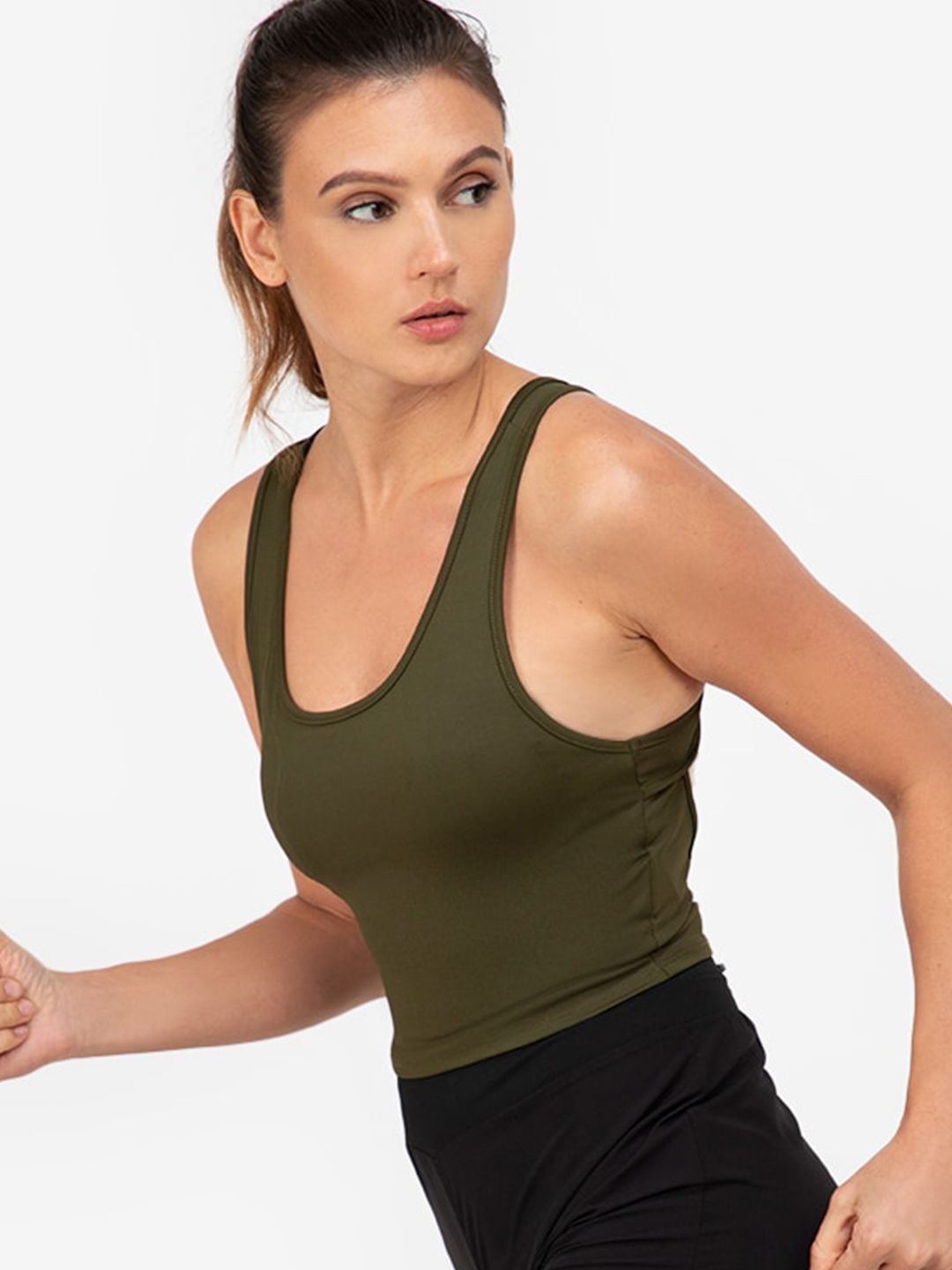 ZALORA ACTIVE Olive Green Solid Stylised Back Sports Bra Price in India