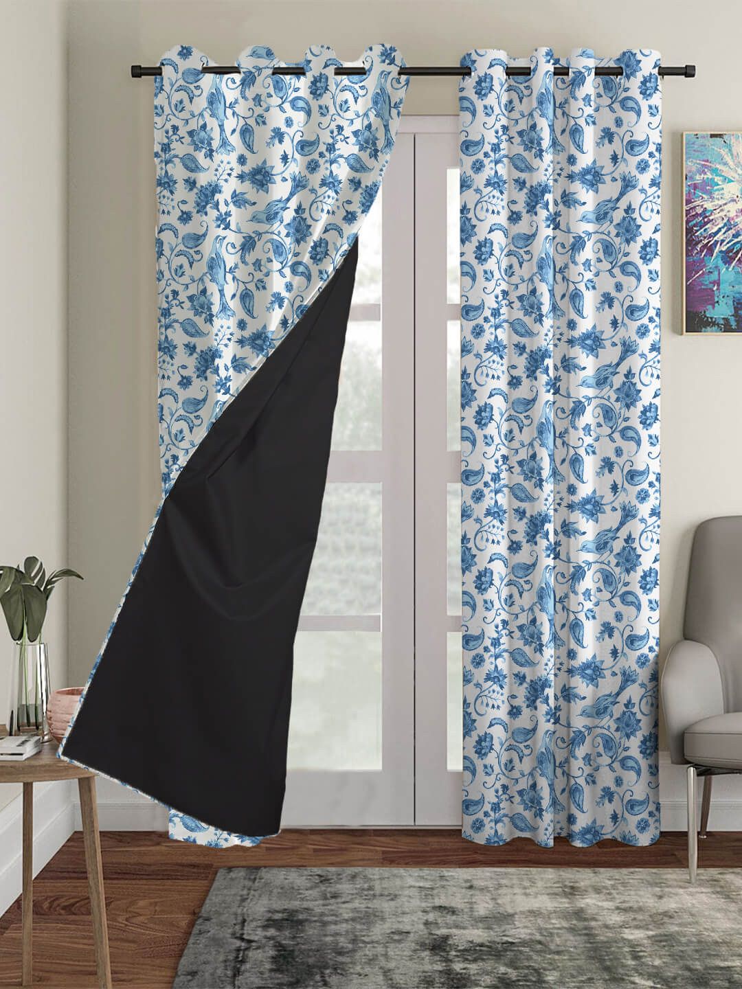 HOUZZCODE Set Of 2 Blue Floral Printed Blackout Window Curtains Price in India
