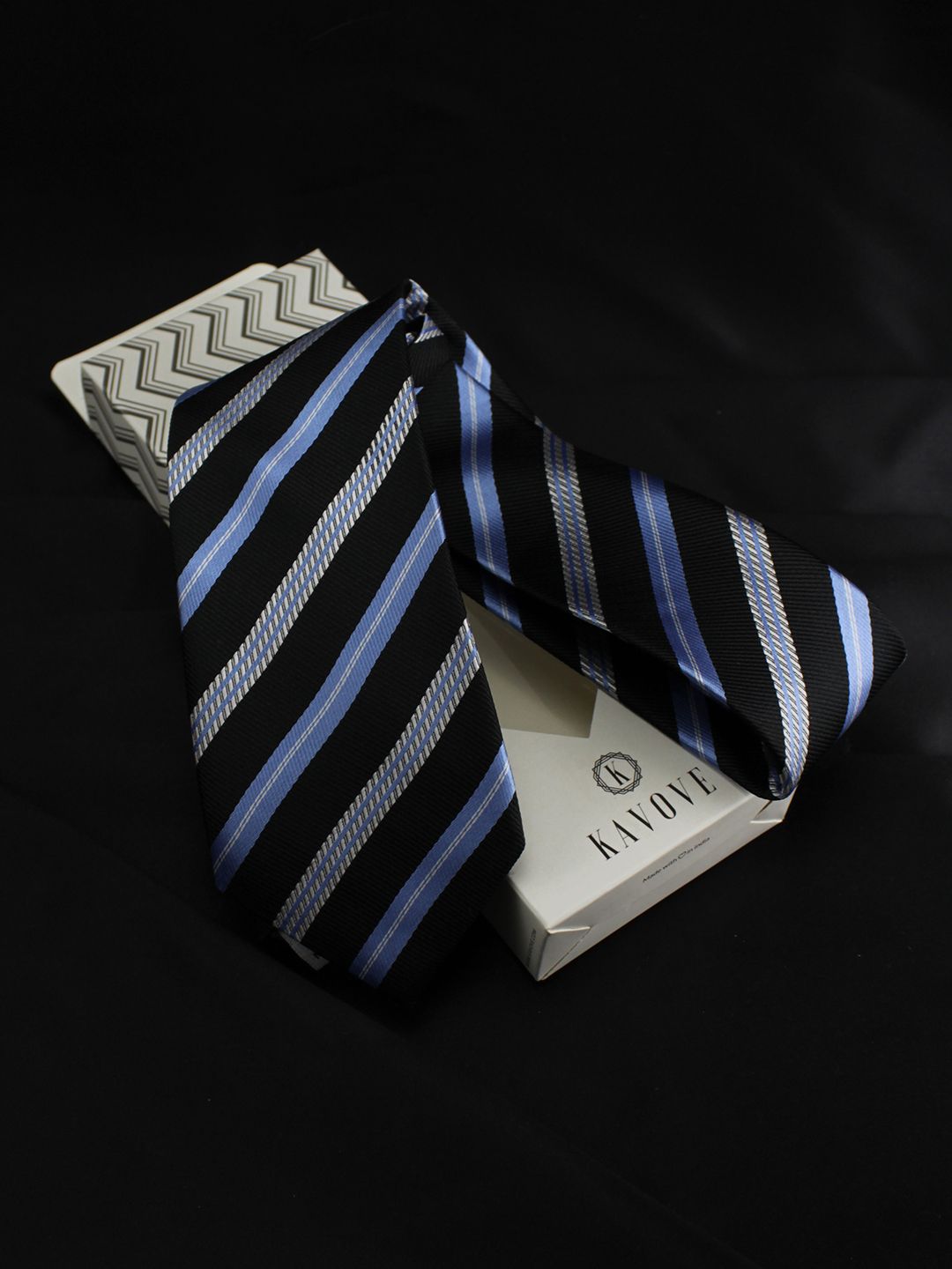 Kavove Men Black & Blue Striped Broad Tie