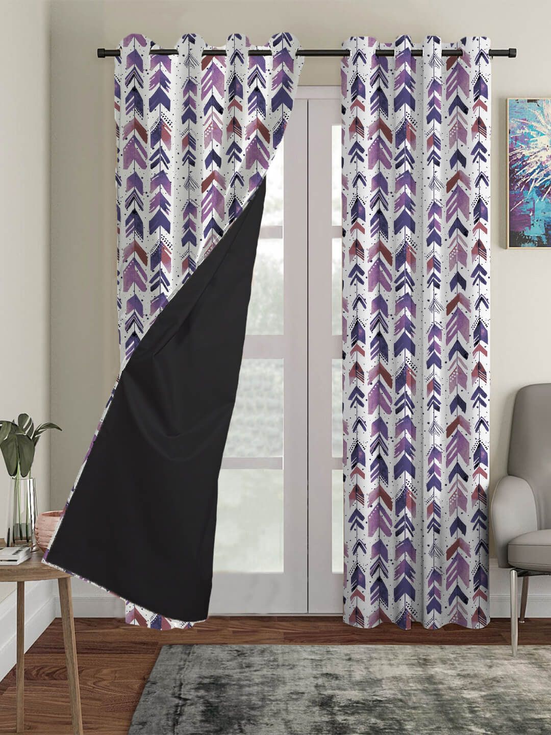 HOUZZCODE Off White & Purple Set of 2 Geometric Black Out Long Door Curtains Price in India