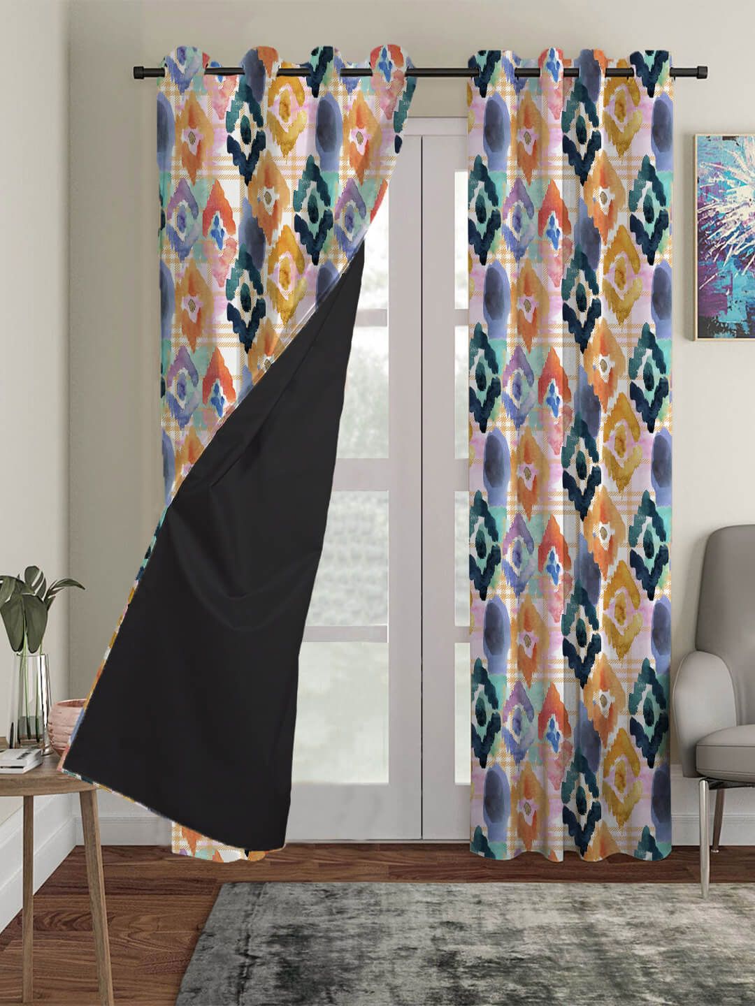 HOUZZCODE Yellow & Orange Set of 2 Ethnic Motifs Black Out Long Door Curtains Price in India