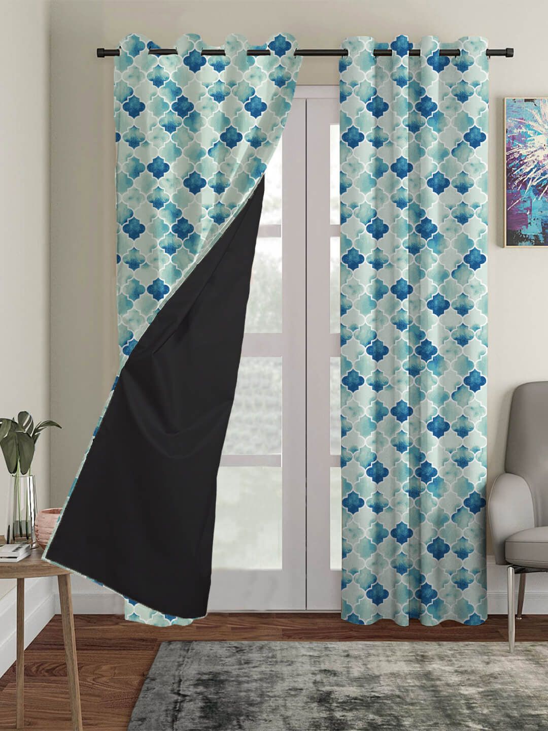 HOUZZCODE Green & Blue Set of 3 Ethnic Motifs Printed Black Out Long Door Curtain Price in India