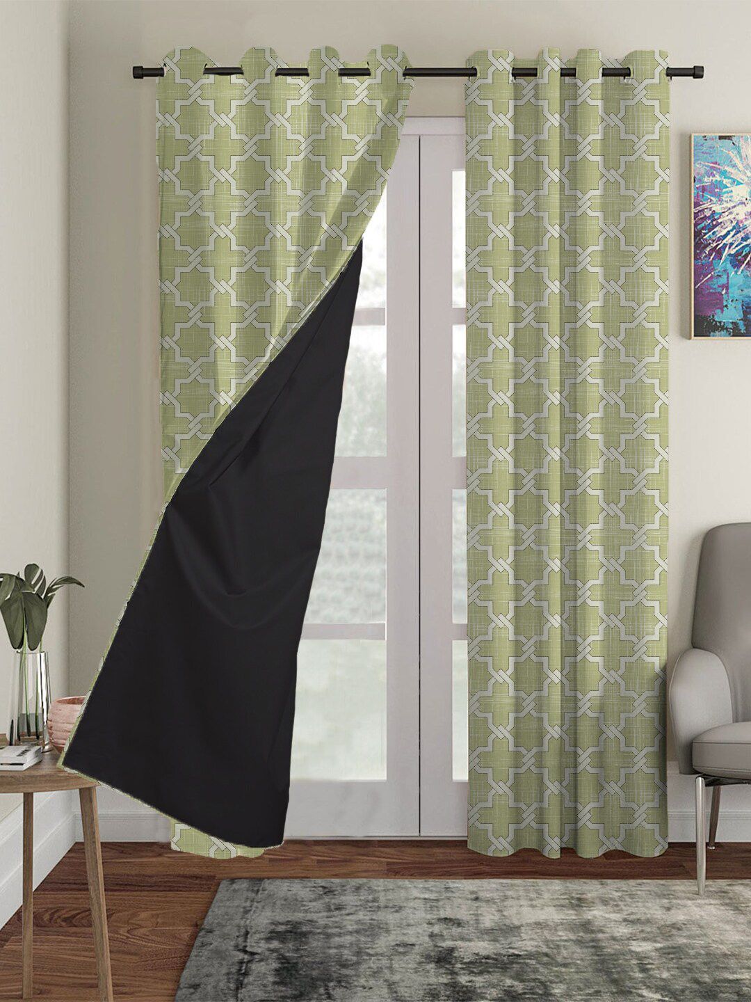 HOUZZCODE White & Green Set Of 3 Abstract Printed Black Out Long Door Curtain Price in India