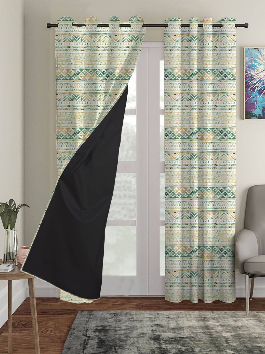 HOUZZCODE White & Green Set Of 2 Abstract Printed Black Out Long Door Curtain Price in India