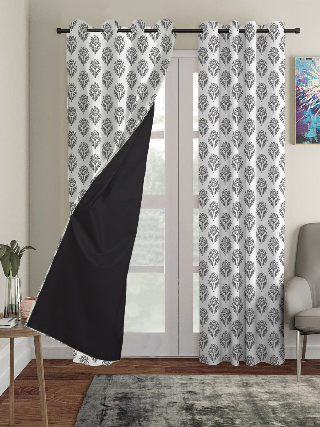 HOUZZCODE White Set of 4 Ethnic Motifs Black Out Long Door Curtain Price in India