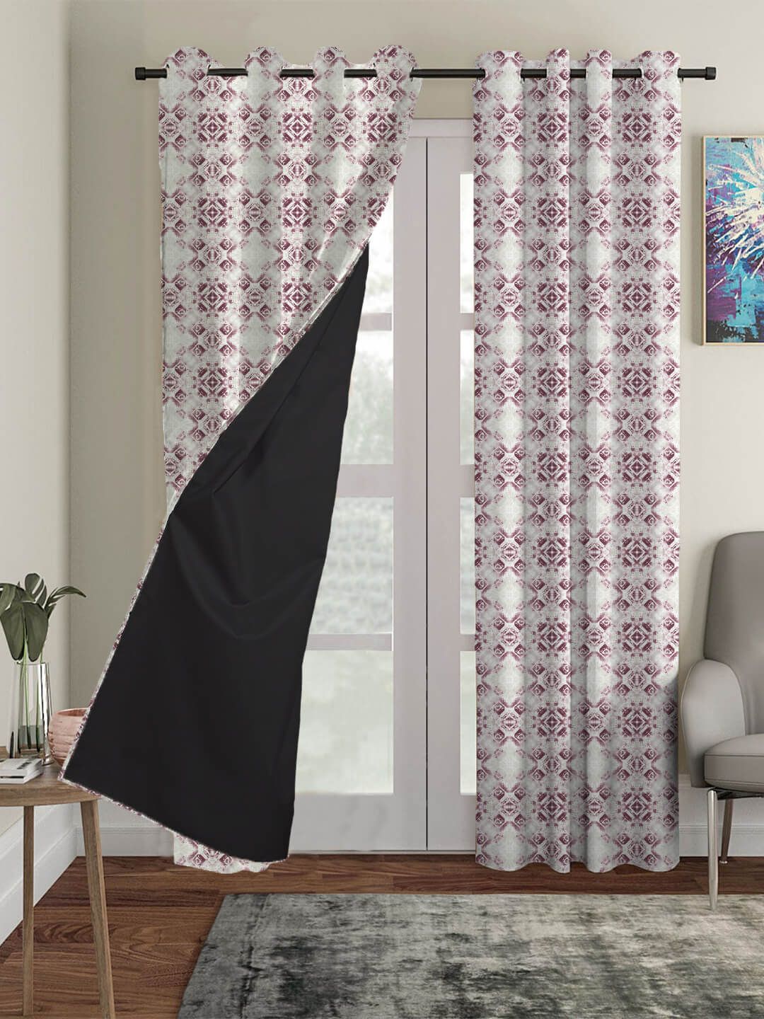 HOUZZCODE Maroon & Off White Set of 4 Black Out Long Door Curtain Price in India