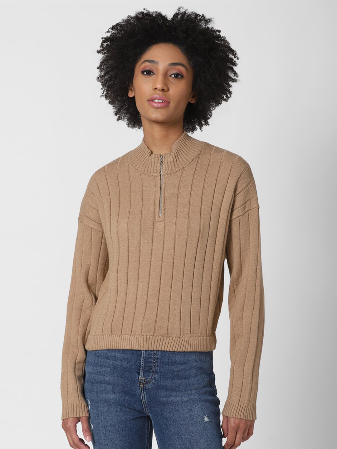 FOREVER 21 Woman Brown Ribbed Pullover Price in India