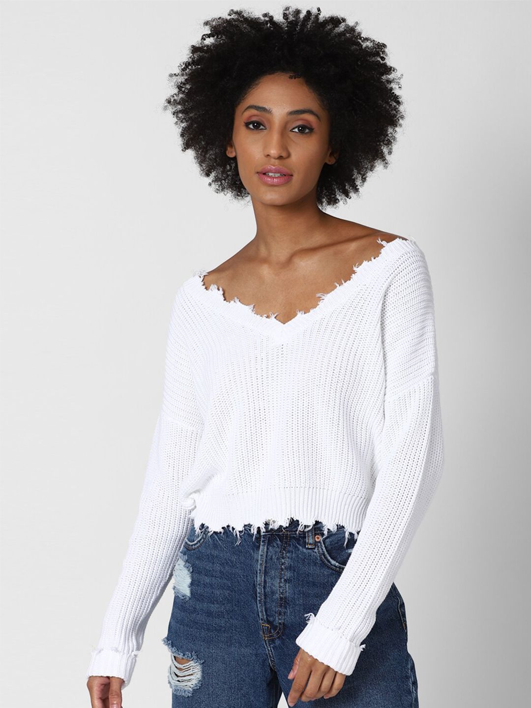 FOREVER 21 Women White Pure Cotton Ribbed Pullover with Fuzzy Detail Price in India