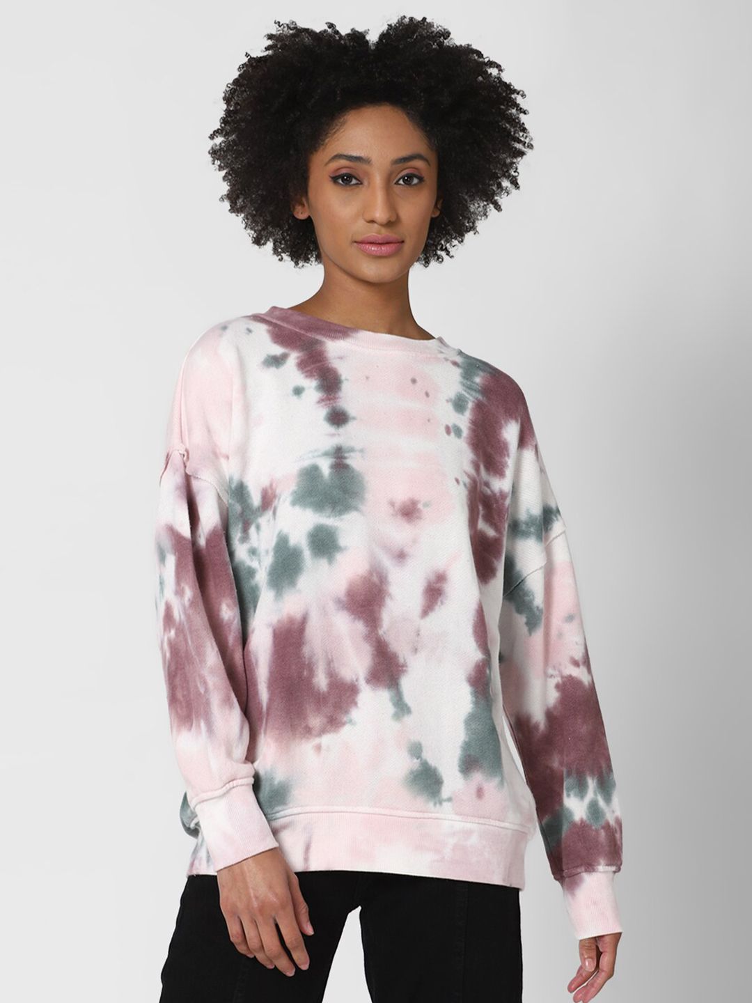 FOREVER 21 Woman Pink & Green Tie-Dye Drop-Sleeve Pullover Price in India