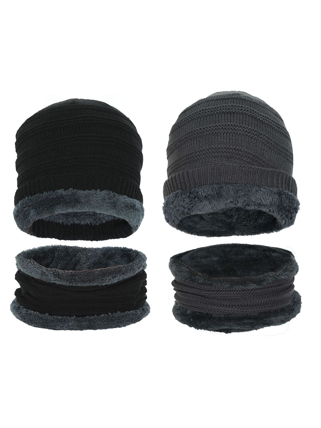 FabSeasons Unisex Pack of 2 Black & Grey  Faux Fur Lining Beanie Price in India