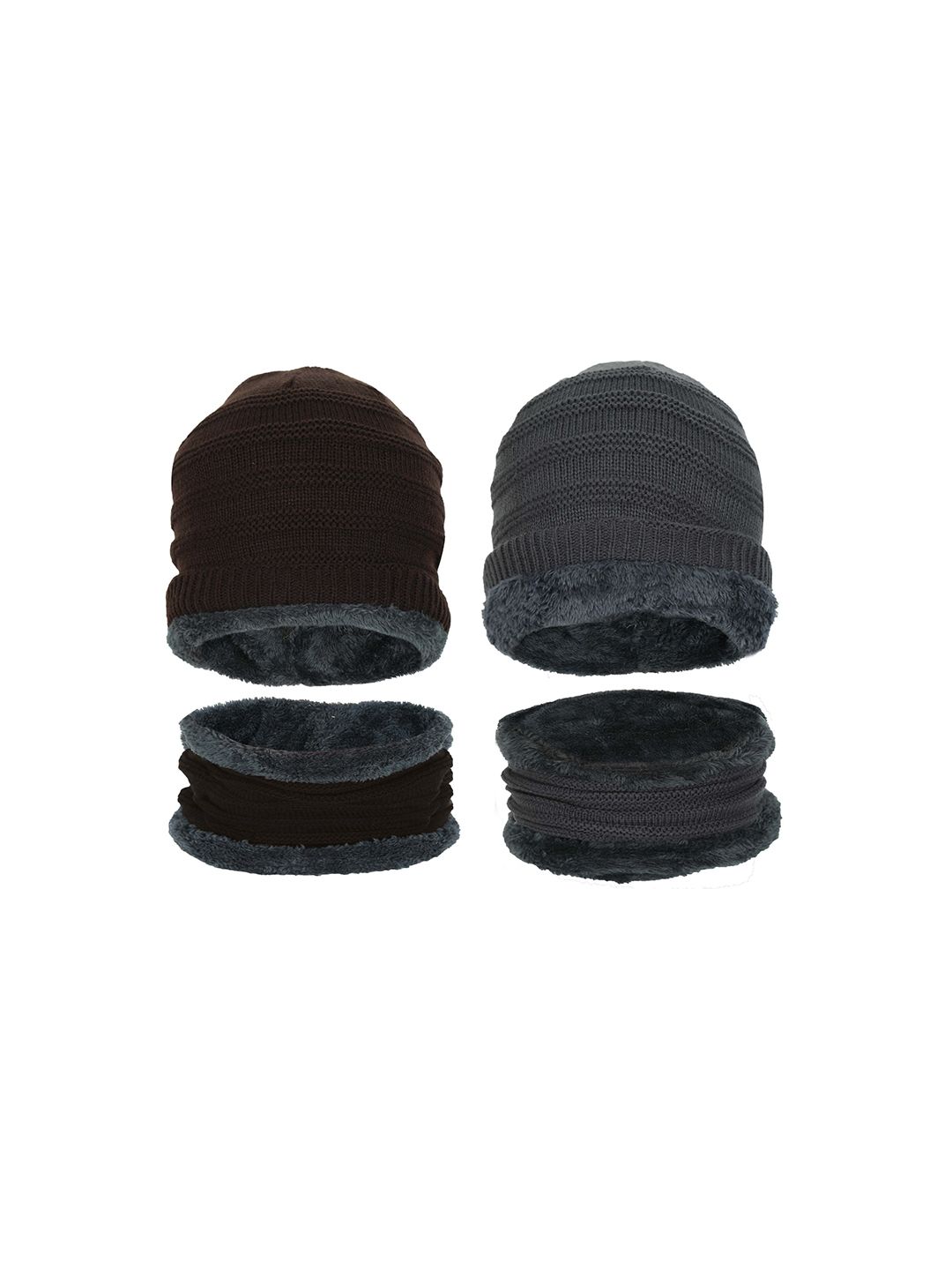 FabSeasons Unisex Brown & Grey Set of 2 Beanie and Mufflers Price in India