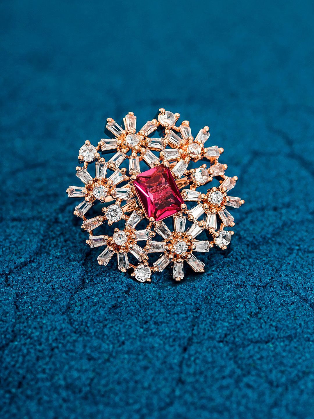 aadita 18K Gold-Plated White & Pink AD-Studded Adjustable Finger Ring Price in India