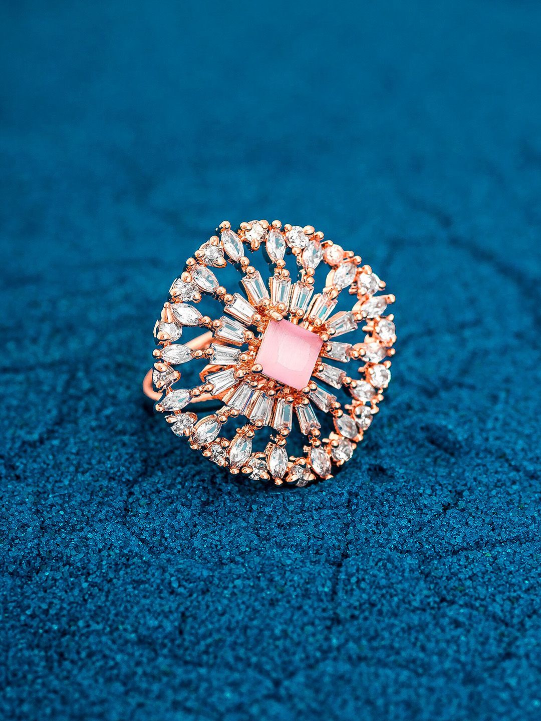 aadita 18K Gold-Plated White & Pink AD-Studded Adjustable Finger Ring Price in India