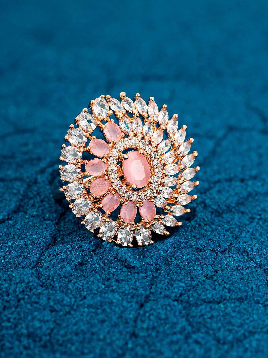 aadita 18K Gold-Plated White & Pink AD-Studded Adjustable Finger Ring Price in India