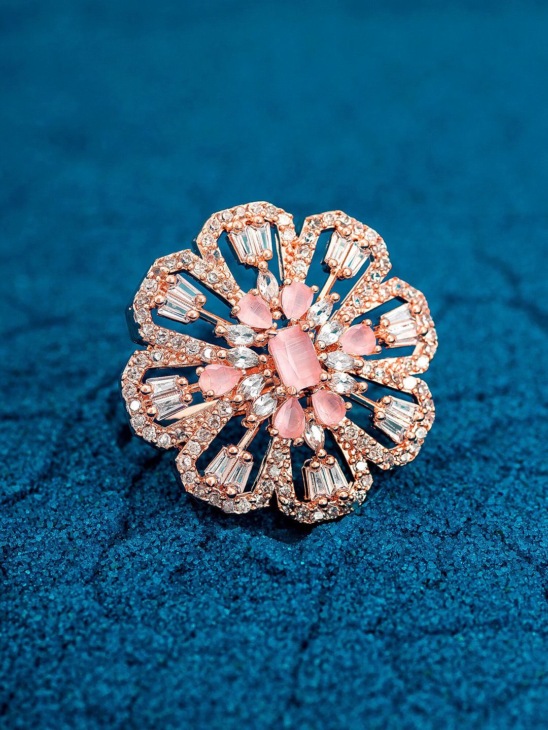 aadita 18K Gold-Plated White & Pink AD-Studded Adjustable Finger Ring Price in India