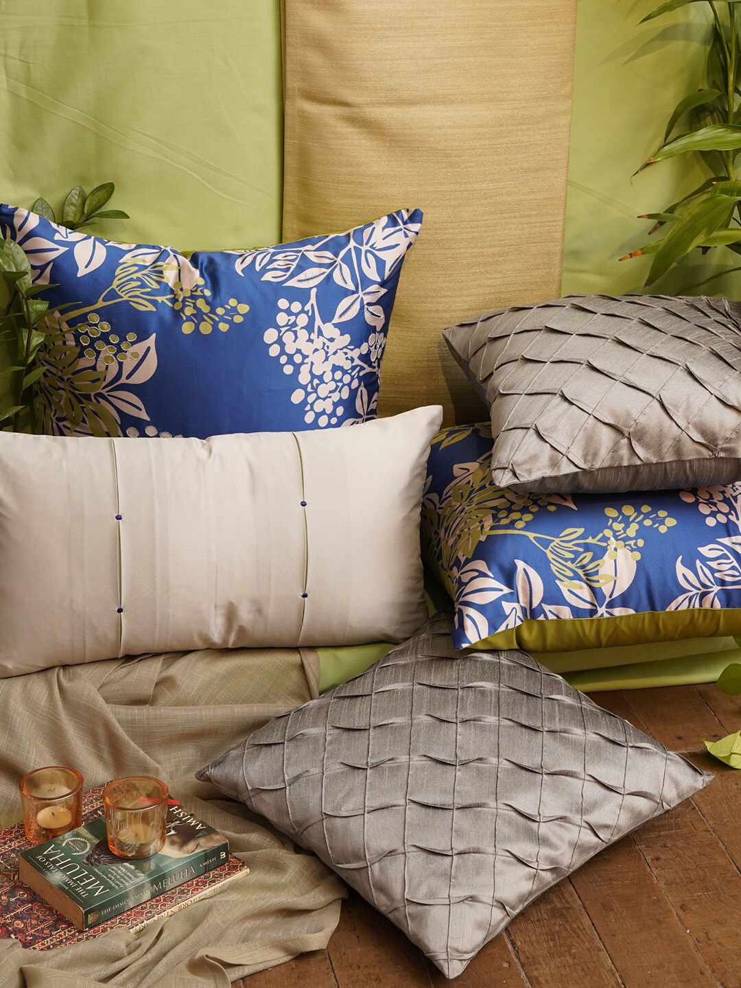ZEBA Beige & Blue Set of 5 Square Cushion Covers Price in India
