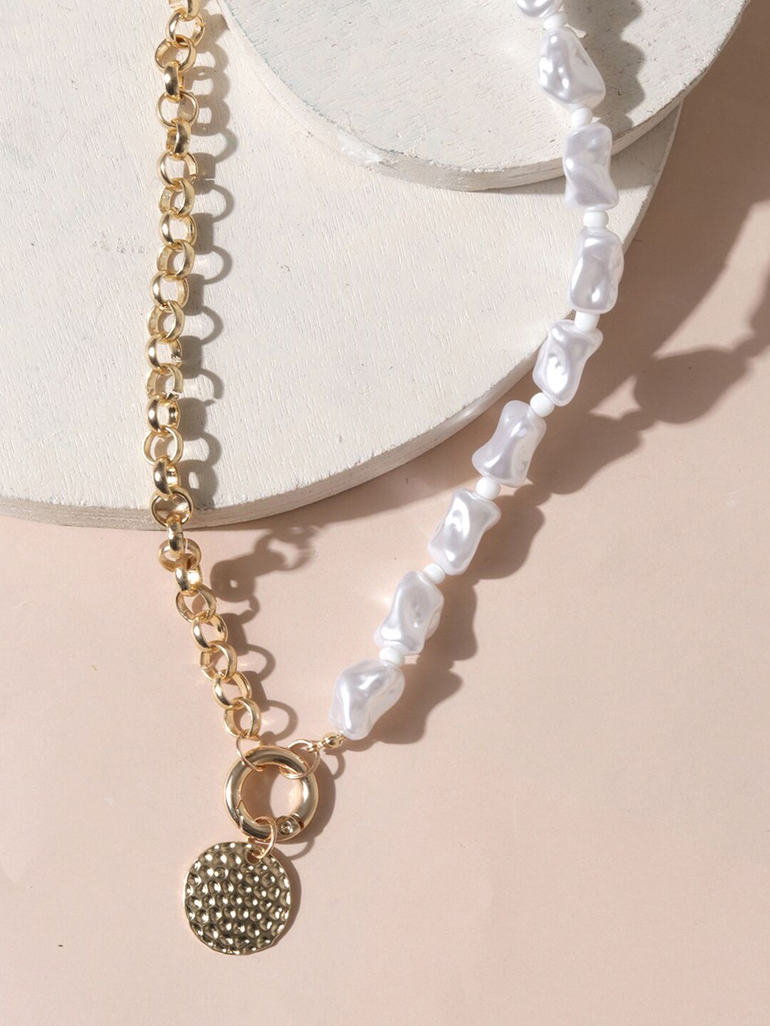 ToniQ Gold-Toned & White Baroque Pearl Linked Bohemian Necklace Price in India