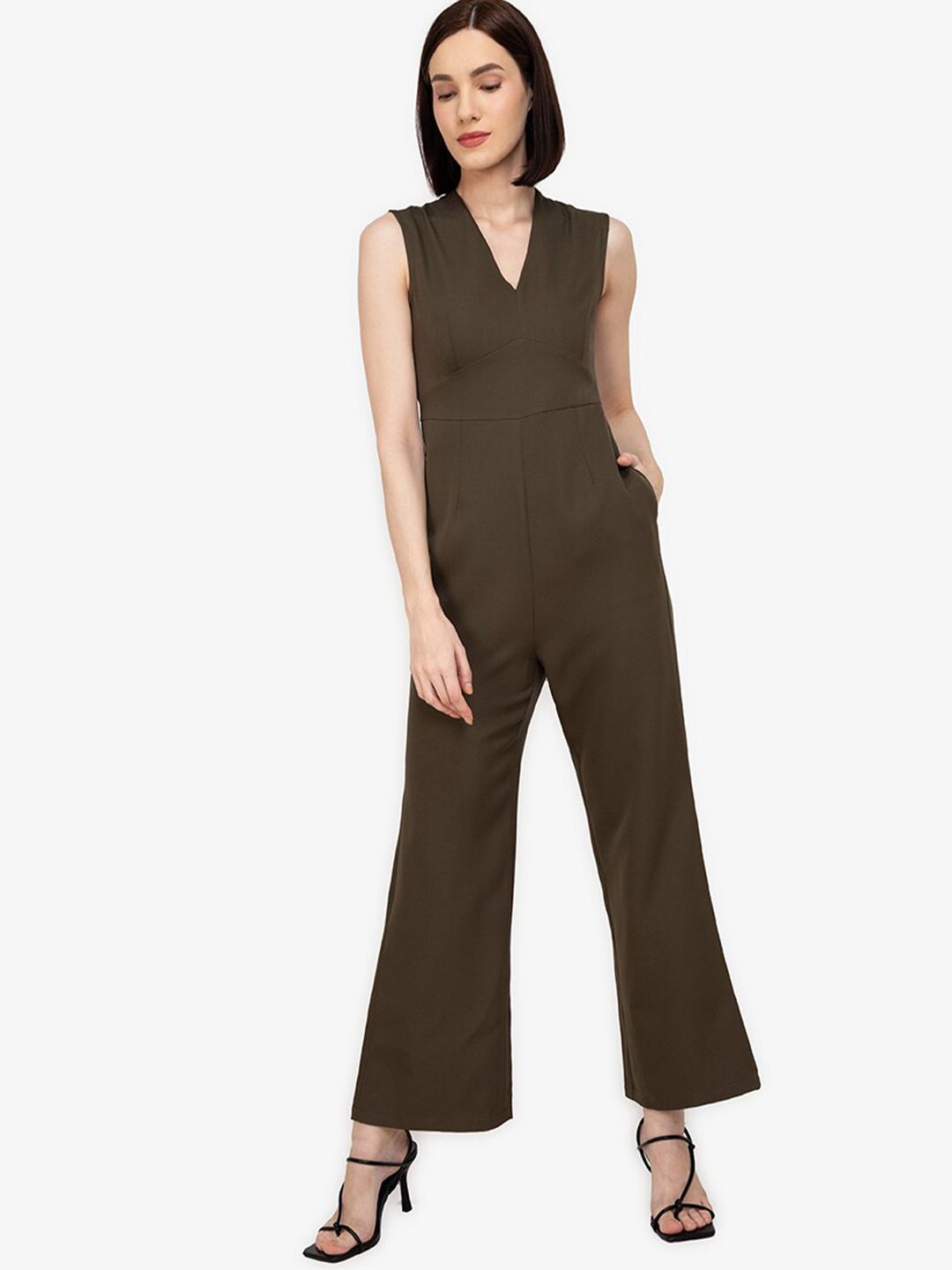 ZALORA WORK Women Green Solid Basic Wide Leg Jumpsuit Price in India