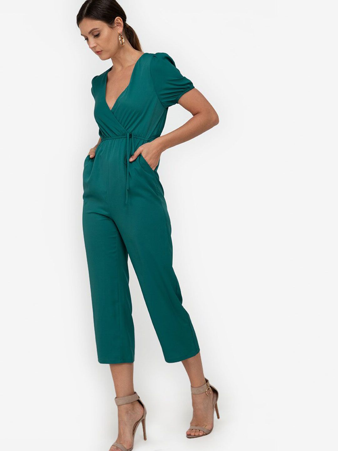 ZALORA WORK Women Teal Wrap Puff Sleeve Basic Jumpsuit Price in India