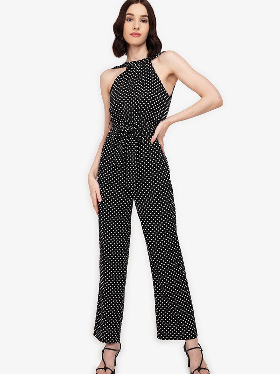 ZALORA WORK Women Black & White Halter Neck Polka Dots Printed Basic Jumpsuit Price in India