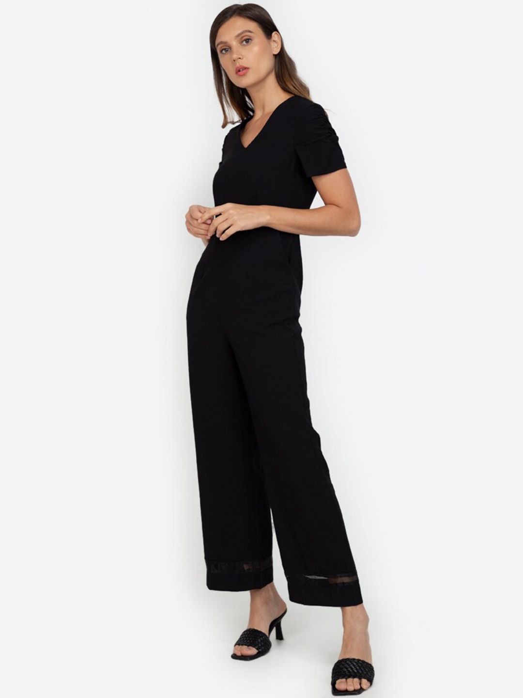 ZALORA WORK Black Solid Puff Sleeve Jumpsuit Price in India