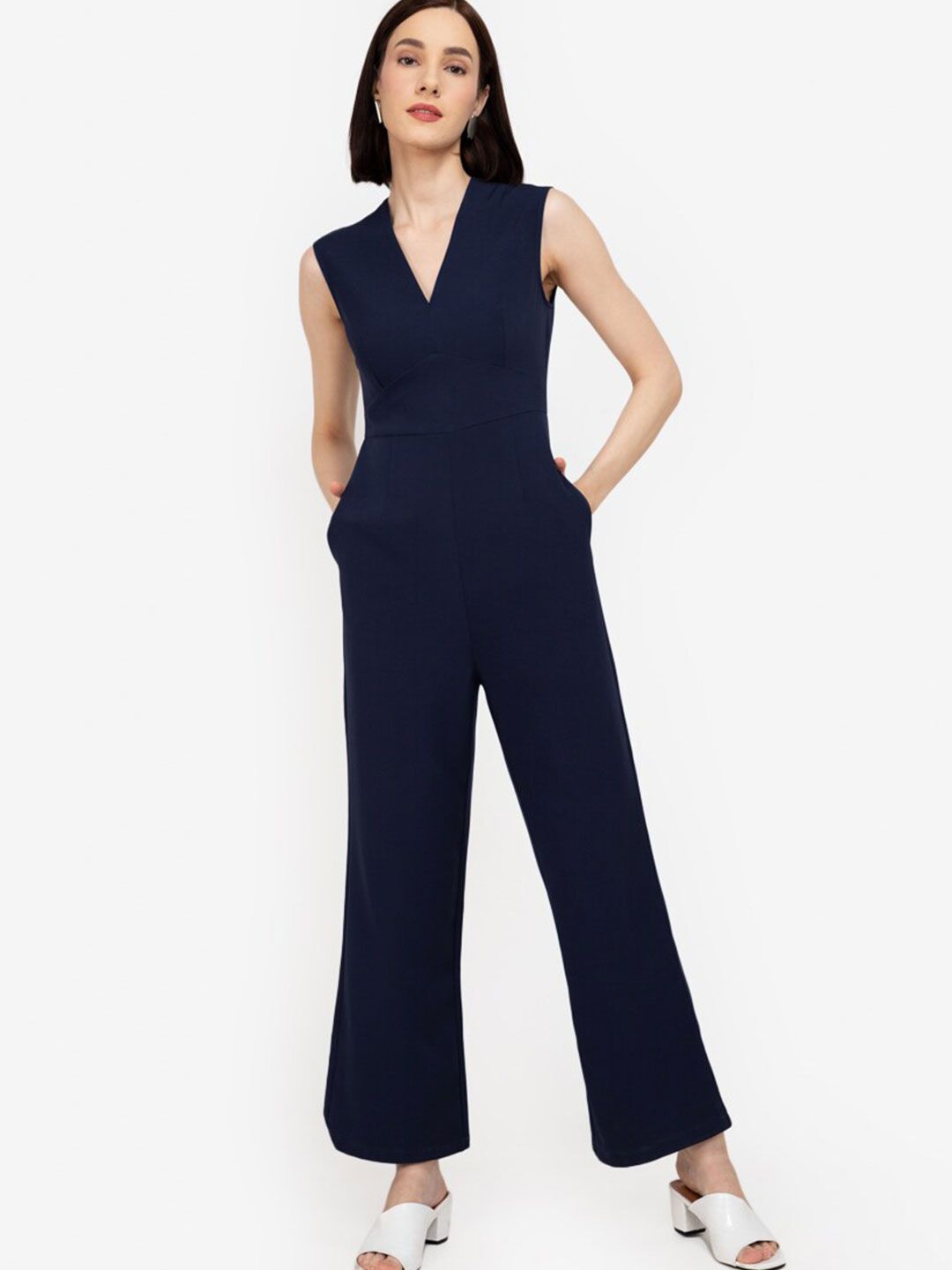 ZALORA WORK Navy Blue Solid Wide Leg Jumpsuit Price in India