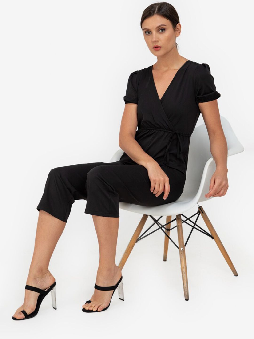 ZALORA WORK Women Black Solid Capri Wrap Jumpsuit Price in India