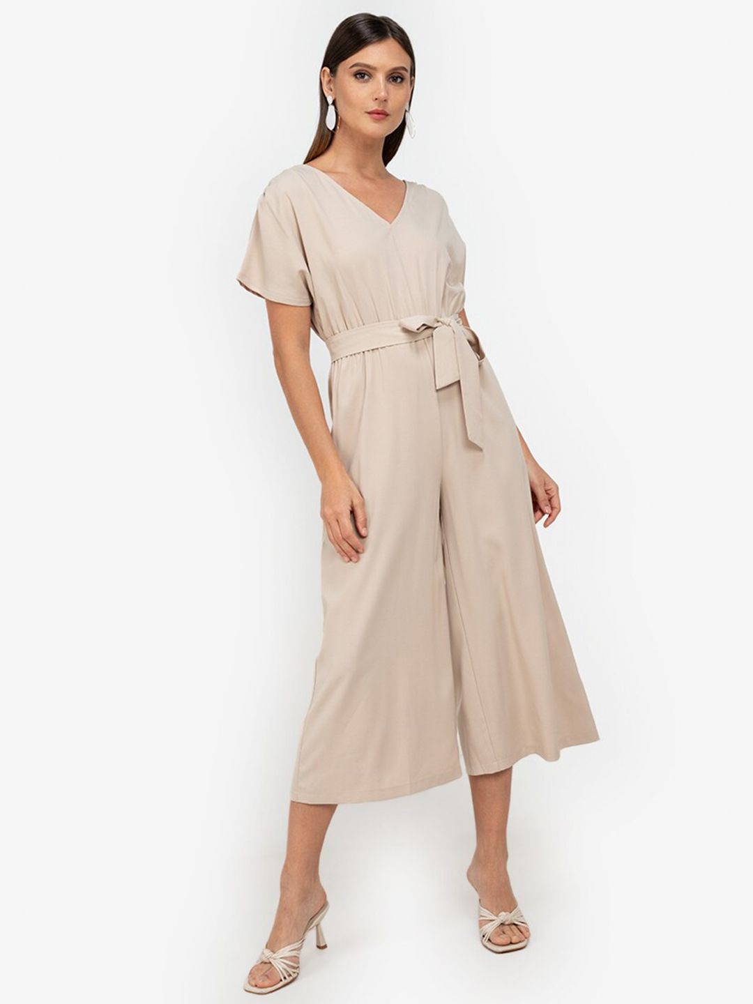 ZALORA WORK Beige Solid Waist Tie-Up Belted Jumpsuit Price in India