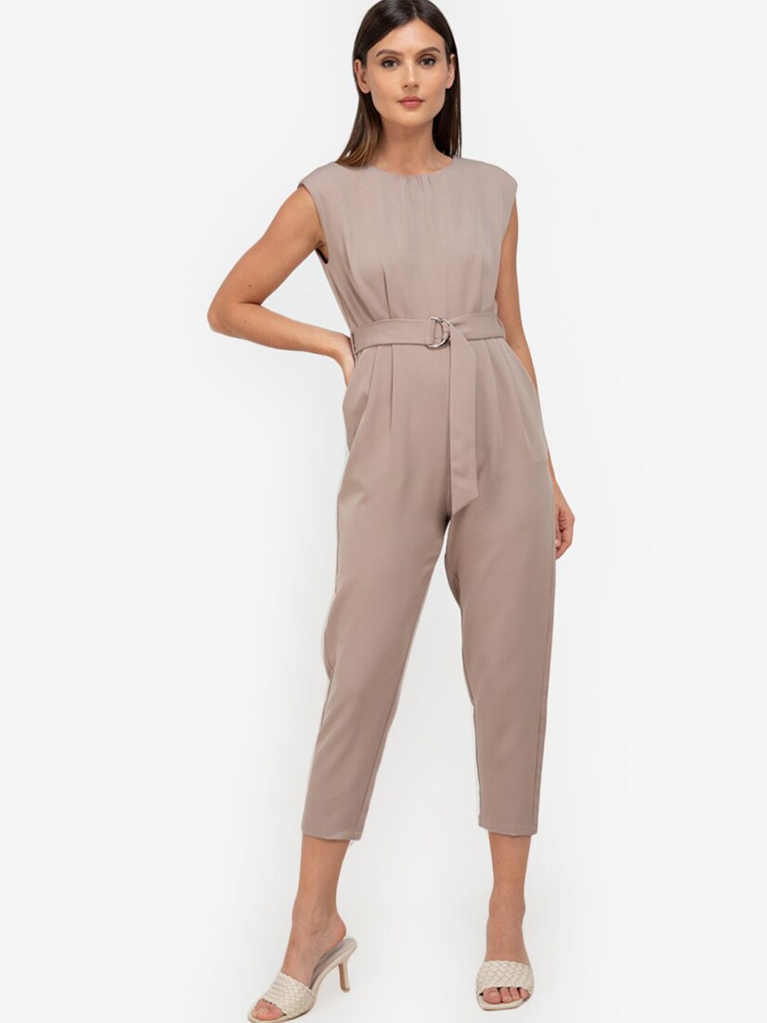 ZALORA WORK Brown Solid Jumpsuit with Belt Price in India